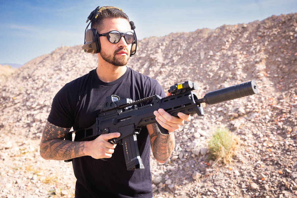 A customer shoots the G36K at the Las Vegas gun range.