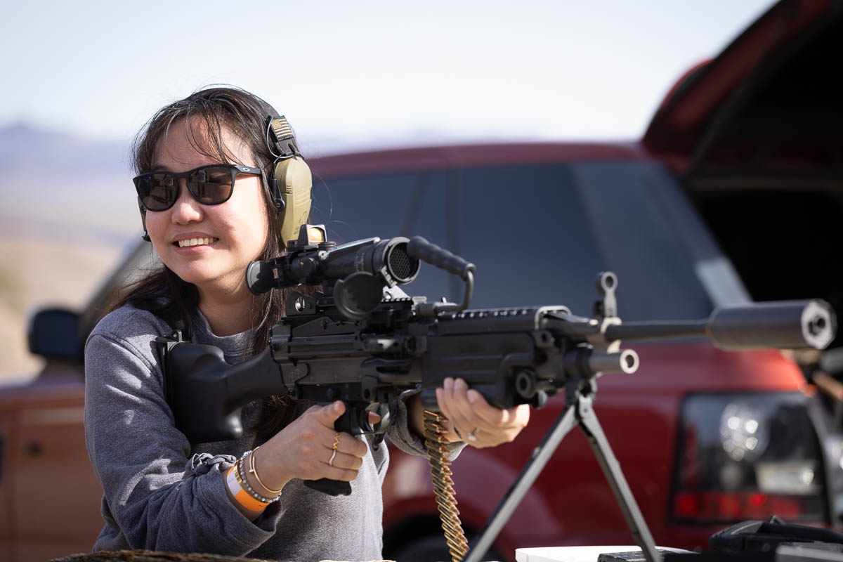 A guest shooting a M249 SAW at our las vegas shooting range.